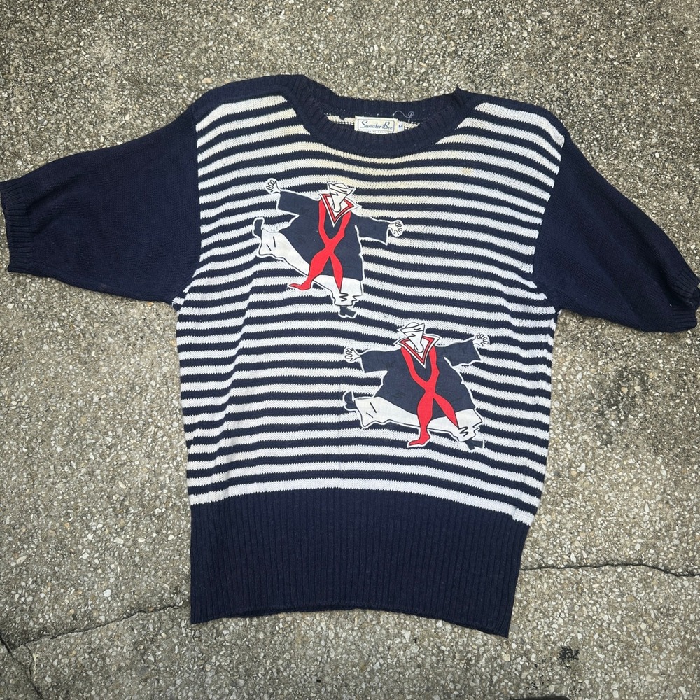 Vintage Sweater Bee Banff Striped Sailor Graphic Knit Top Navy White Medium